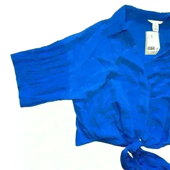 H&M Woven Blouse With Tie Detail Blue Size XXL NWT - Picture 5 of 12